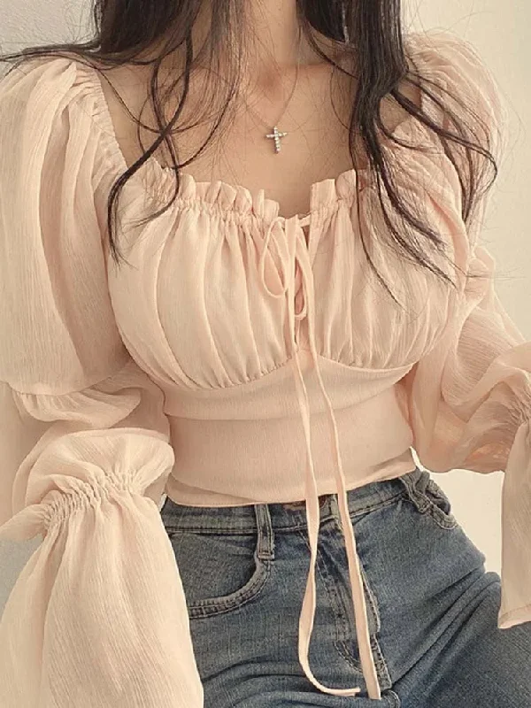 Women's Drawstring Fashion Designer Blouse Lantern  Long-Sleeve Tops