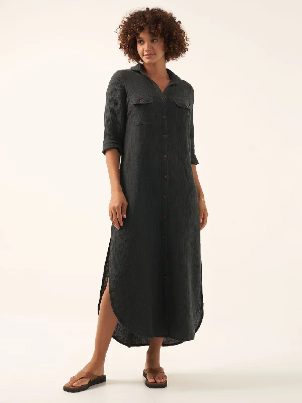 Valentina Linen Blend Shirt Dress Charcoal