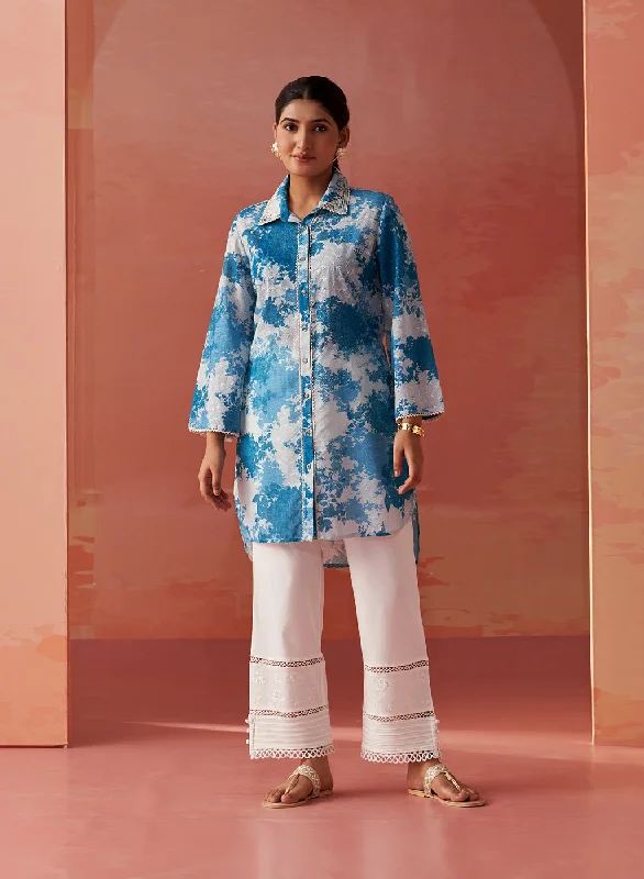 Zareena Blue Printed Schiffli Cotton Shirt