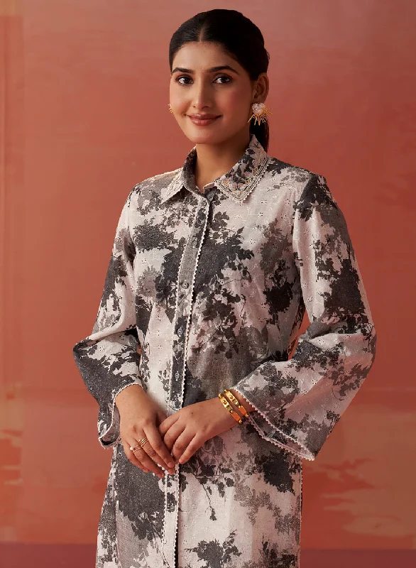 Zareena Grey Printed Schiffli Cotton Shirt