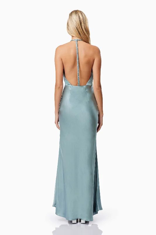 Aria Backless Satin Maxi Dress In Blue