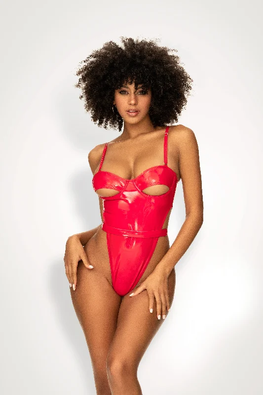 Red Obsession: Daring High-Cut Vinyl Bodysuit