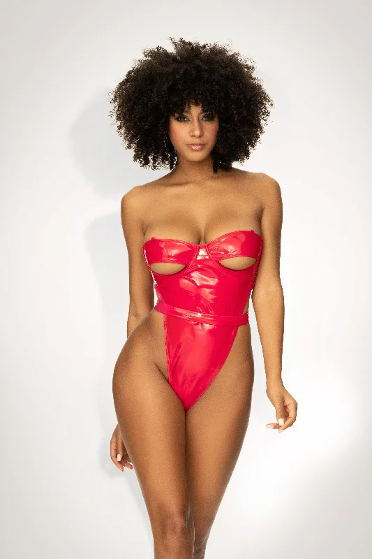 Red Obsession: Daring High-Cut Vinyl Bodysuit