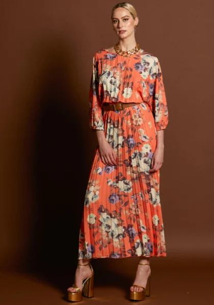 Fate + Becker Jolene Pleated Maxi Dress Tangerine Floral