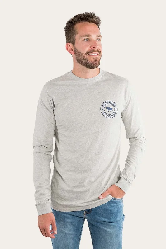 Signature Bull Mens Classic Fit Long Sleeve T-Shirt - Grey Marle/Navy