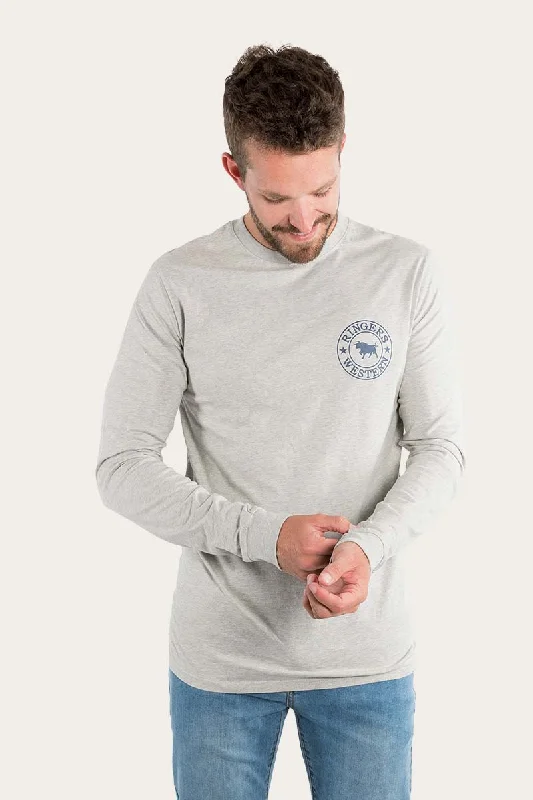 Signature Bull Mens Classic Fit Long Sleeve T-Shirt - Grey Marle/Navy