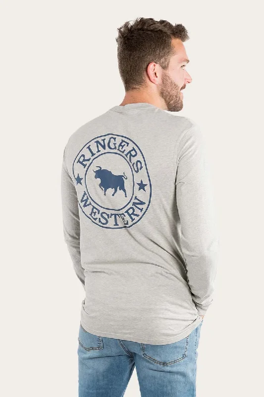 Signature Bull Mens Classic Fit Long Sleeve T-Shirt - Grey Marle/Navy