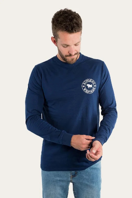 Signature Bull Mens Classic Fit Long Sleeve T-Shirt - Navy/White