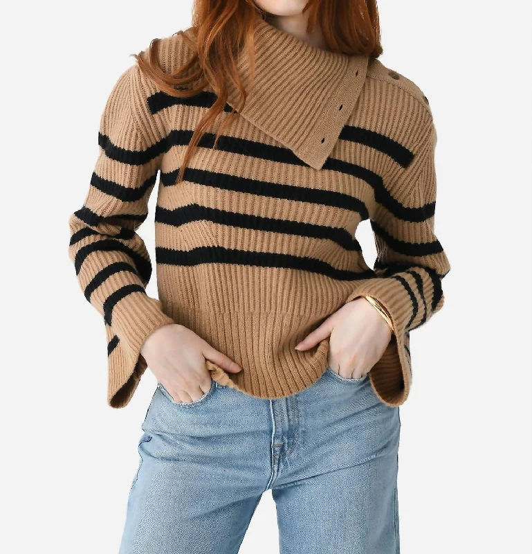 Adrienne Buttoned Turtleneck Sweater In Camel Melange/black Stripe