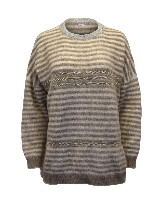 Brunello Cucinelli Embellished Striped Brushed Knitted Sweater in Brown Print Wool Mohair