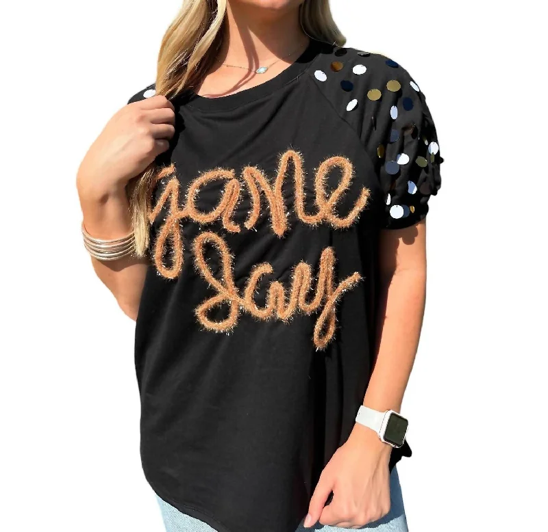 Game Day Metallic Letter Sweater In Black/gold