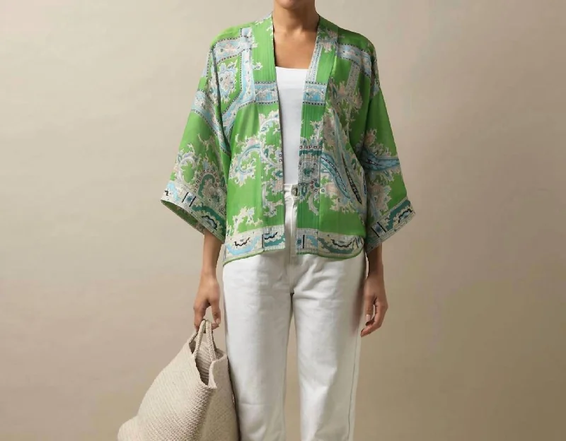 Handkerchief Print Short Kimono In Kelly Green