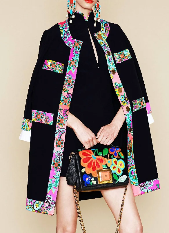 Long Crepe Jacket With Floral Trim In Black