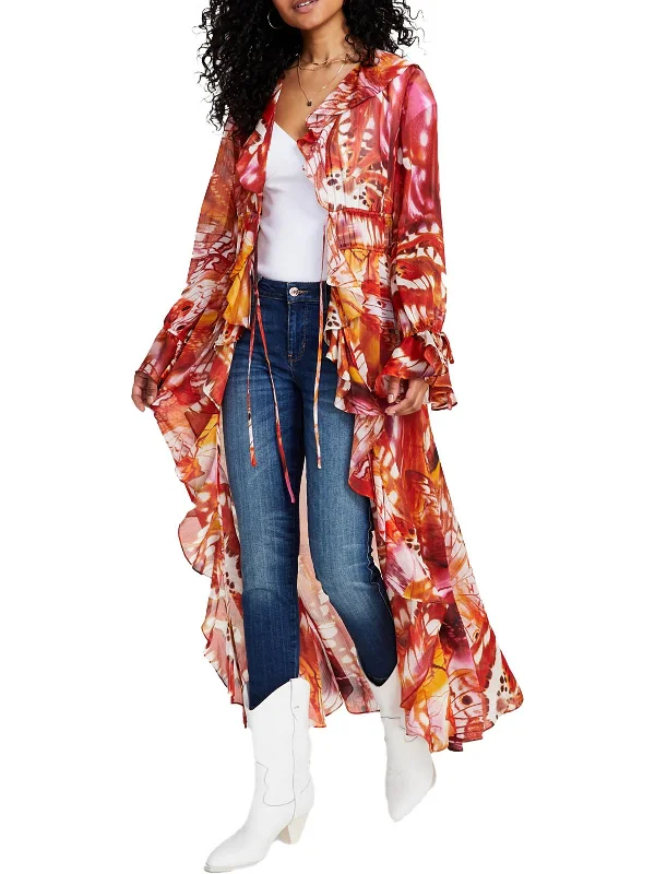 Vanessa Womens Chiffon Printed Duster Blazer