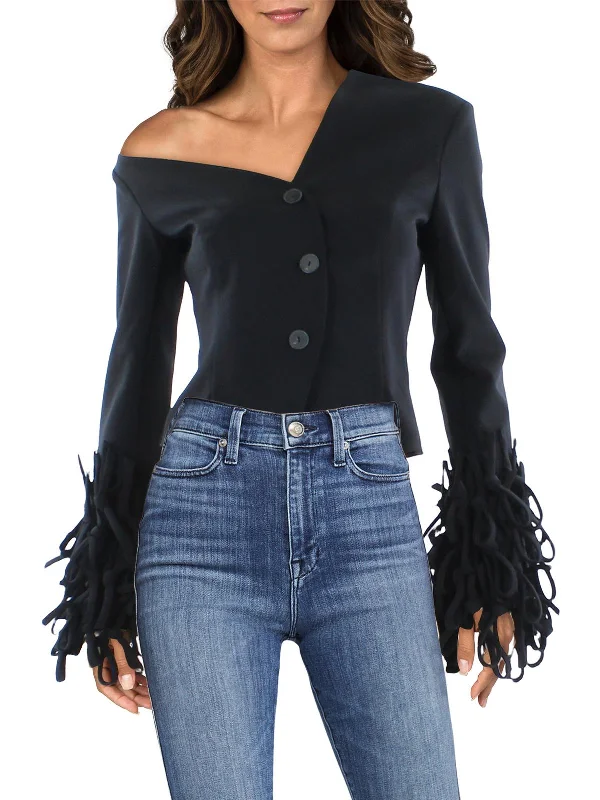 Womens Asymmetric Fringe Collarless Blazer